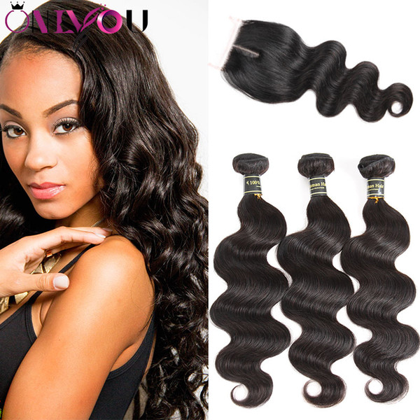 Hot Selling 10A Nature Black Body Wave Human Hair Bundles with 4*4 Middle/Part Lace Closure Unprocessed Brazilian Virgin Hair Extensions