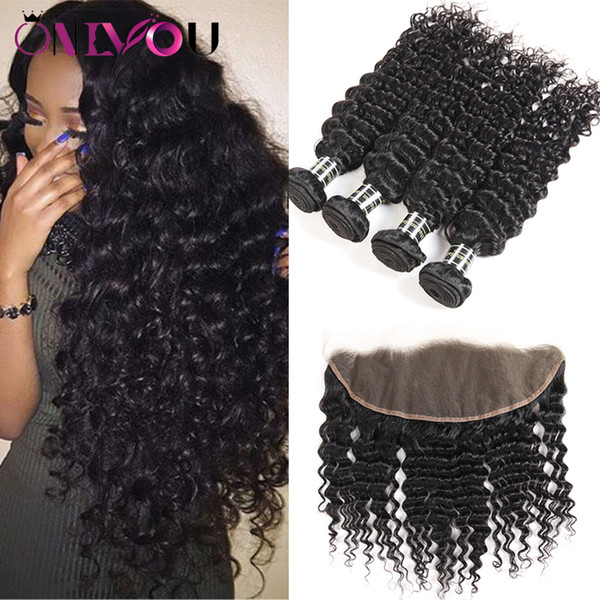 Deep Curly Hair 4 Bundles with 13x4 Lace Frontal Closure Ear to Ear Hand Weaving Remy Human Hair Extensions Malaysian Virgin Hair Weaves