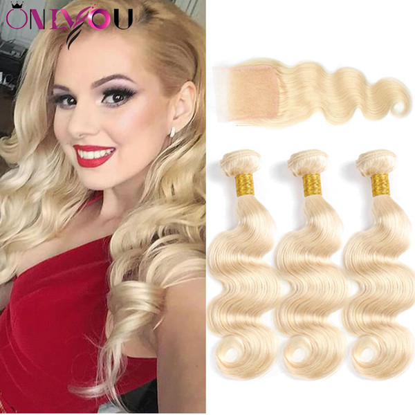 9a 613 Blonde Brazilian Virgin Body Wave Human Hair Weaves Bundles with 4x4 Lace Closure Peruvian Indian Malaysian Body Wave Hair Vendors