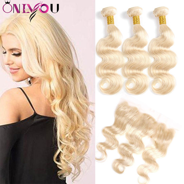 613 Blonde Peruvian Virgin Body Wave Human Hair Weaves Bundles with Lace Frontal Ear to Ear Brazilian Body Wave Hair Wefts with Closures