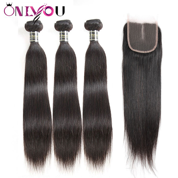 Indian Straight Human Hair Extensions 3 Bundles with 4x4 Middle Part Lace Closure Cheap Brazilian Peruvian Virgin Hair Wefts with Closure