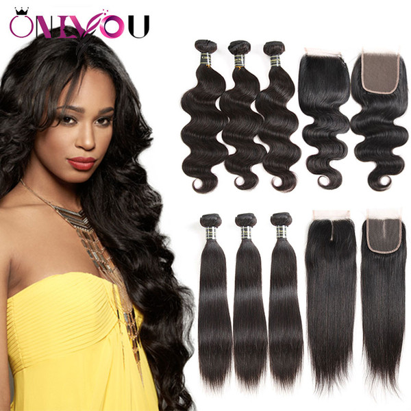 Brazilian Virgin Hair Extensions Straight Body Wave Human Hair Wefts 3 Weave Bundles with 4*4 Closure Raw Indian Peruvian Remy Hair Products