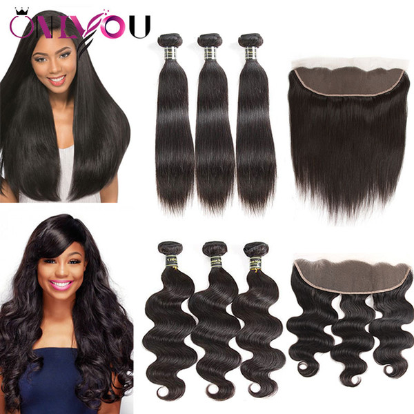 Cheap Brazilian Virgin Hair 3 Bundles with 13*4 Lace Frontal Straight Body Wave Human Hair Extensions Top Remy Hair Wefts with Closure