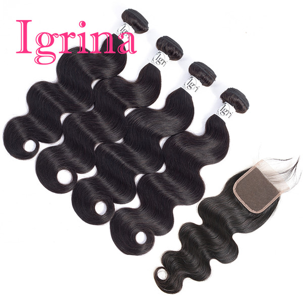 Igrina Indian Virgin Hair Body Wave 4 Bundles With 4x4 Top Lace Closure Good Cheap Weave Unprocessed Wet And Wavy Human Hair Extensions