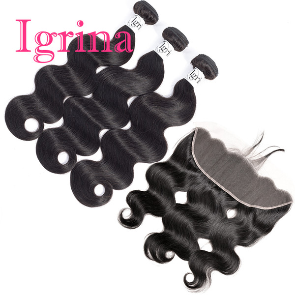 Igrina Raw Indian Virgin Hair Body Wave 3 Bundles With 13x4 Lace Frontal Closure Weave Human Hair Bundles With Closure With Baby Hair