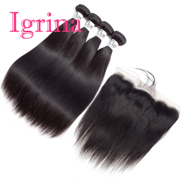 Igrina Peruvian Straight Virgin Hair 4 Bundles With 13x4 Inch Lace Frontal Closure With Baby Hair Weave Human Hair Bundles With Closure