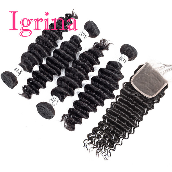 Igrina Peruvian Virgin Hair Deep Wave Curly 4 Bundles With 4x4 Lace Closure Good Cheap Weave Remy Wet And Wavy Human Hair Extensions