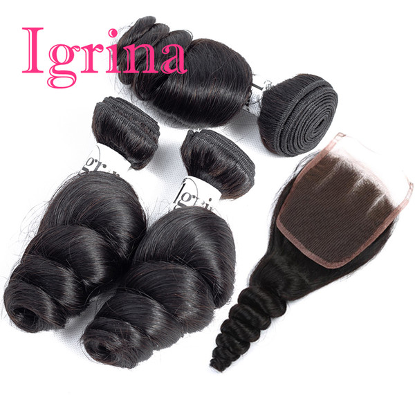 Igrina 8A Peruvian Virgin Remy Loose Wave Weave 3Bundles With Lace Closure 4x4 Free Part Wet And Wavy Human Hair Bundles With Closure