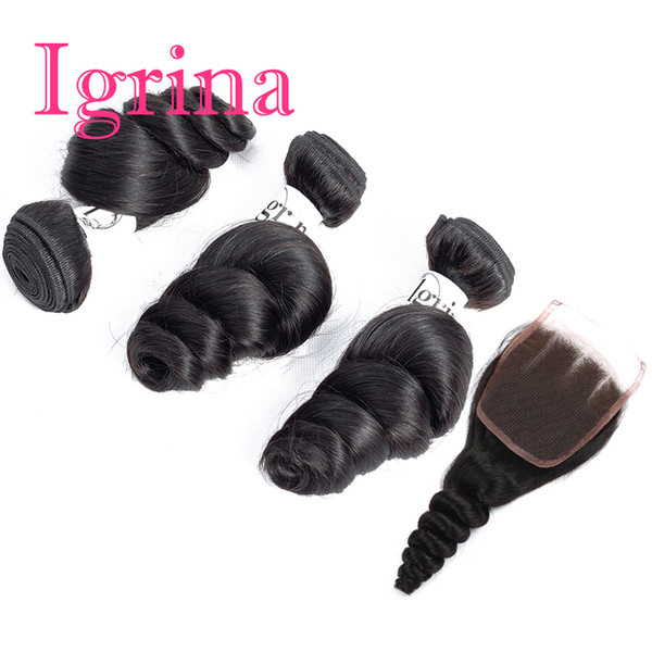 Igrina Remy Peruvian Virgin Hair Loose Wave 3 Bundles With 4x4 Lace Closure Good Cheap Weave Unprocessed Wet And Wavy Human Hair Extensions