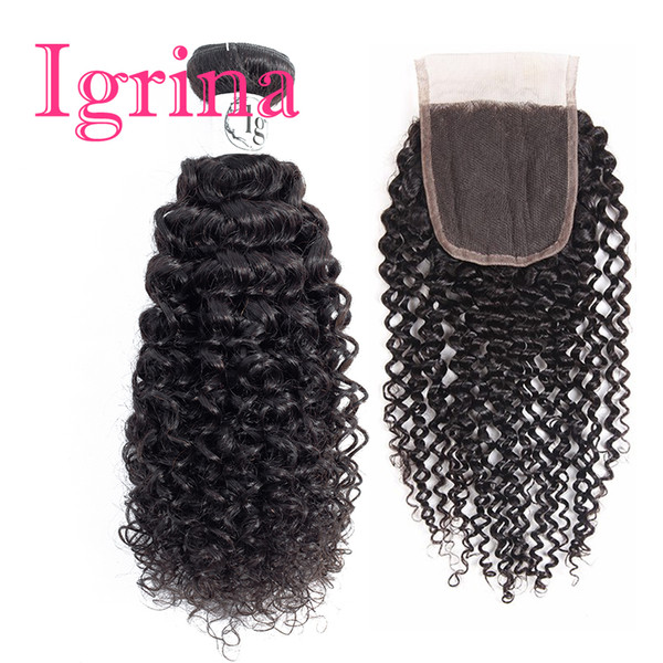 Igrina Peruvian Curly Virgin Hair 4 Bundles With 4x4 Top Lace Closure Unprocessed Good Cheap Weave Remy Wet And Wavy Human Hair Extensions