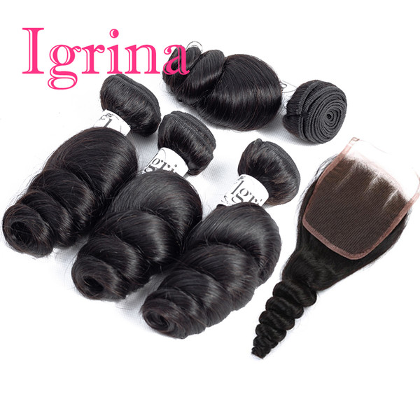 Igrina Indian Virgin Hair Loose Wave 4 Bundles With 4x4 Top Lace Closure Good Cheap Weave Remy Wet And Wavy Human Hair Extensions