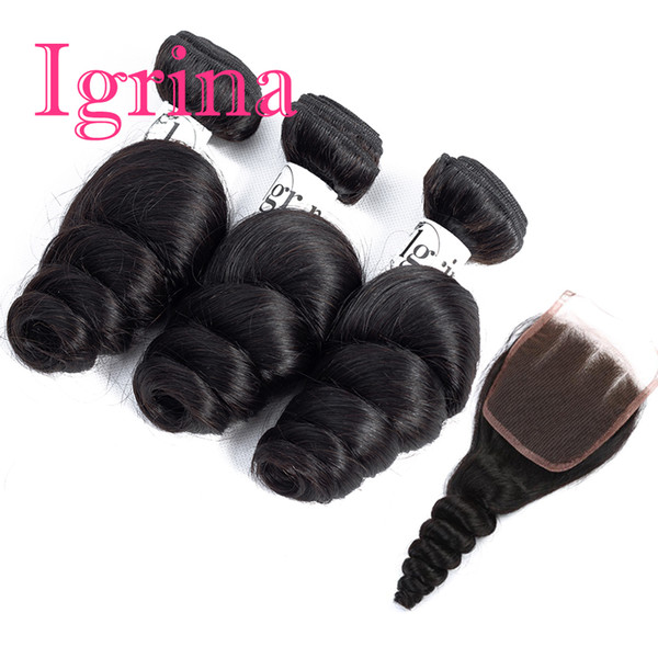 Igrina Peruvian Loose Wave Human Hair 4Bundles With 4x4 Lace Closure Unprocessed Weave Weft Wet And Wavy Human Hair Bundles With Closure