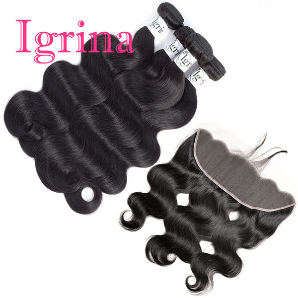 Igrina Malaysian Virgin Hair Body Wave 4 Bundles With 13x4 Inch Lace Frontal Closure Remy Weave Human Hair Bundles With Frontal Closure