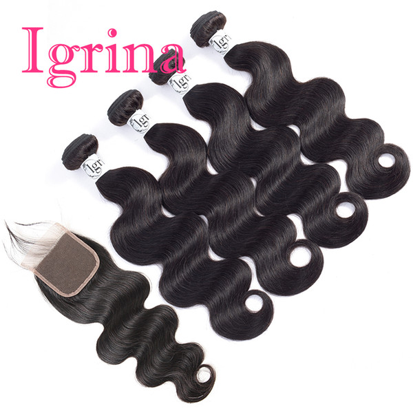 Igrina Malaysian Virgin Hair Body Wave 4 Bundles With 4x4 Lace Closure Good Cheap Weave Unprocessed Wet And Wavy Human Hair Extensions