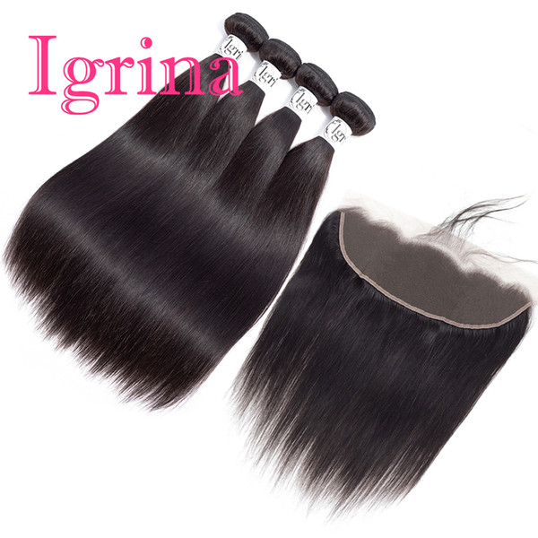 Igrina Brazilian Virgin Hair Straight 4 Bundles With 13x4 Lace Frontal Closure With Baby Hair Weave Human Hair Bundles With Closure