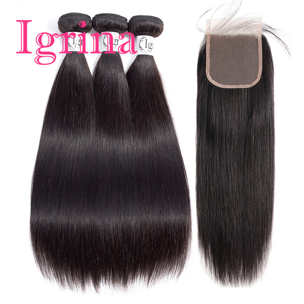 Igrina Peruvian Virgin Hair Straight 3 Bundles With 4x4 Top Lace Closure 100% Unprocessed Good Cheap Weave Remy Human Hair Extensions