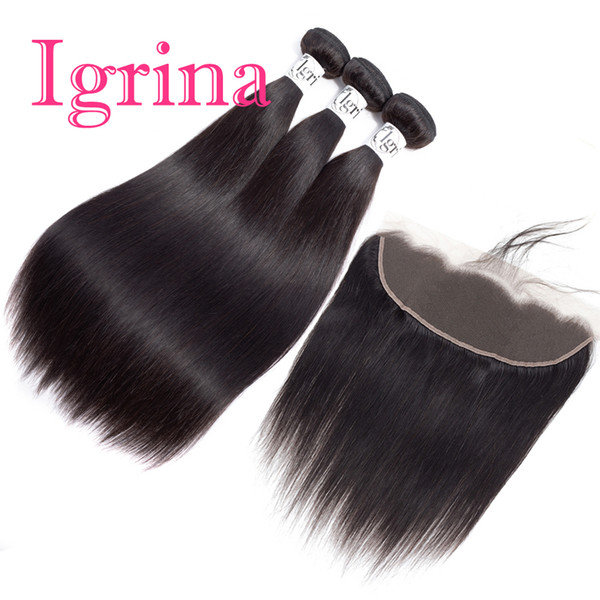 Igrina Peruvian Virgin Hair Straight 3 Bundles With 13x4 Lace Frontal Closure Weft Weave Human Hair Bundles With Closure With Baby Hair