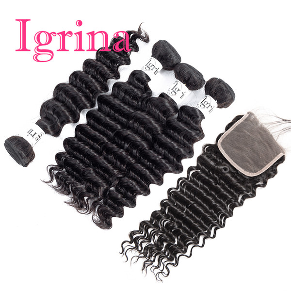 Igrina Malaysian Virgin Hair Deep Wave Curly 4 Bundles With 4x4 Lace Closure Good Cheap Weave Remy Wet And Wavy Human Hair Extensions