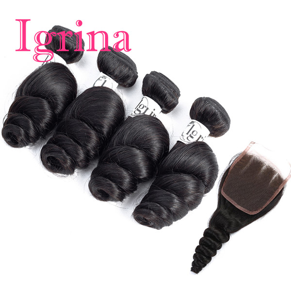 Igrina Peruvian Virgin Hair Loose Wave 4 Bundles With 4x4 Top Lace Closure Good Cheap Weave Remy Wet And Wavy Human Hair Extensions