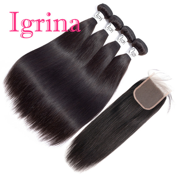 Igrina Raw Indian Virgin Hair Straight 4 Bundles With 4x4 Lace Closure Good Cheap Weave Unprocessed Remy Wet And Wavy Human Hair Extensions