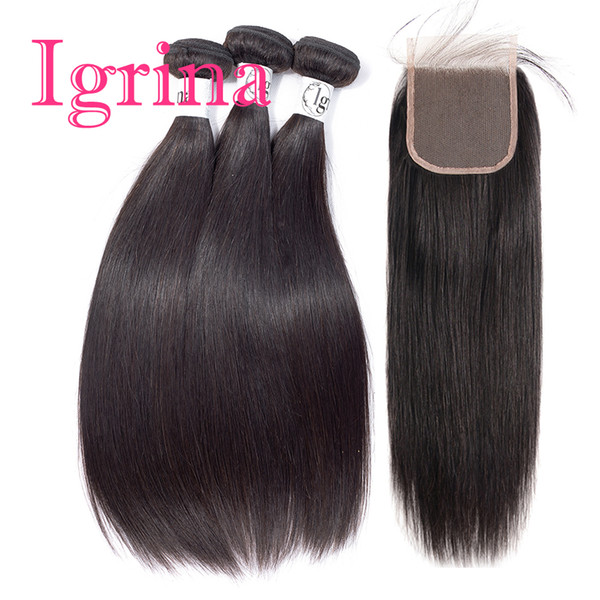 Igrina Malaysian Virgin Hair Straight 3 Bundles With 4x4 Top Lace Closure 100% Unprocessed Good Cheap Weave Remy Human Hair Extensions