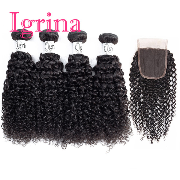 Igrina Brazilian Curly Virgin Hair 4 Bundles With 4x4 Top Lace Closure Unprocessed Good Cheap Weave Remy Wet And Wavy Human Hair Extensions