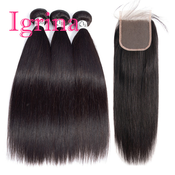 Igrina Mink Brazilian Virgin Hair Straight 3 Bundles With 4x4 Top Lace Closure 100% Unprocessed Good Cheap Weave Remy Human Hair Extensions