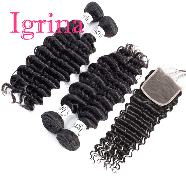 Igrina Indian Virgin Hair Deep Wave Curly 4 Bundles With 4x4 Lace Closure Good Cheap Weave Remy Wet And Wavy Human Hair Extensions