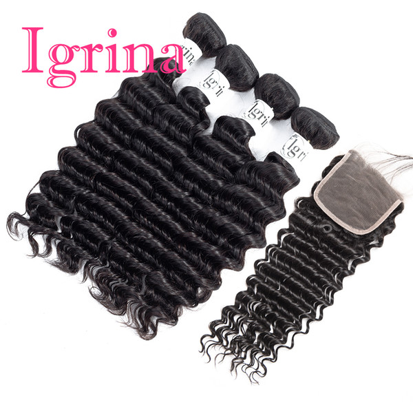 Igrina Brazilian Virgin Hair Deep Wave Curly 4 Bundles With 4x4 Lace Closure Good Cheap Weave Remy Wet And Wavy Human Hair Extensions