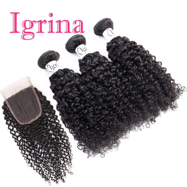 Igrina Raw Indian Curly Virgin Hair 4 Bundles With 4x4 Top Lace Closure Unprocessed Good Cheap Weave Wet And Wavy Human Hair Extensions