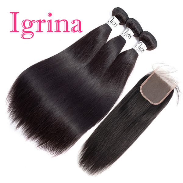 Igrina Peruvian Virgin Hair Straight 4 Bundles With 4x4 Lace Closure Good Cheap Weave Unprocessed Remy Wet And Wavy Human Hair Extensions