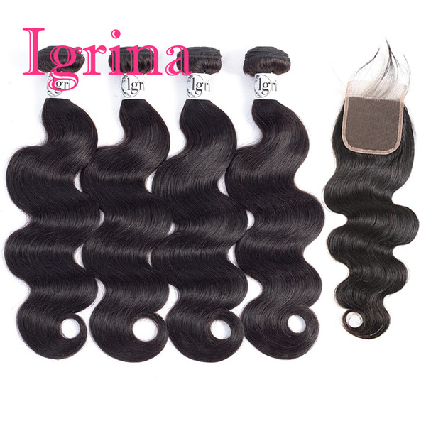 Igrina Brazilian Virgin Hair Body Wave 4 Bundles With 4x4 Lace Closure Weave Remy Wet And Wavy Human Hair Extensions