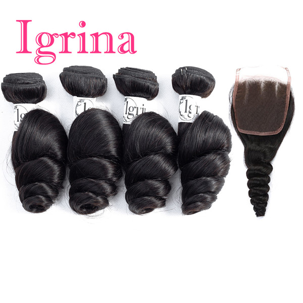 Igrina Brazilian Virgin Hair Loose Wave 4 Bundles With 4x4 Top Lace Closure Good Cheap Weave Remy Wet And Wavy Human Hair Extensions