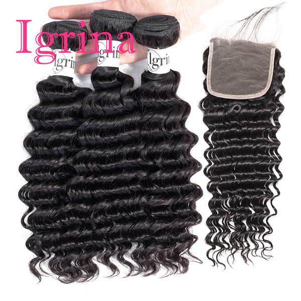 Igrina Malaysian Virgin Hair Deep Wave 3 Bundles With 4x4 Lace Closure Good Cheap Weave Deep Curly Wet And Wavy Human Hair Extensions