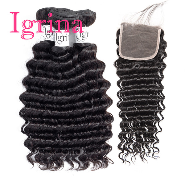 Igrina Deep Wave Peruvian Virgin Hair 3 Bundles With 4x4 Lace Closure Good Cheap Weave Deep Curly Wet And Wavy Human Hair Extensions