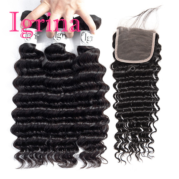 Igrina Brazilian Deep Wave Virgin Hair 3 Bundles With 4x4 Lace Closure Unprocessed Good Cheap Weave Remy Wet And Wavy Human Hair Extensions