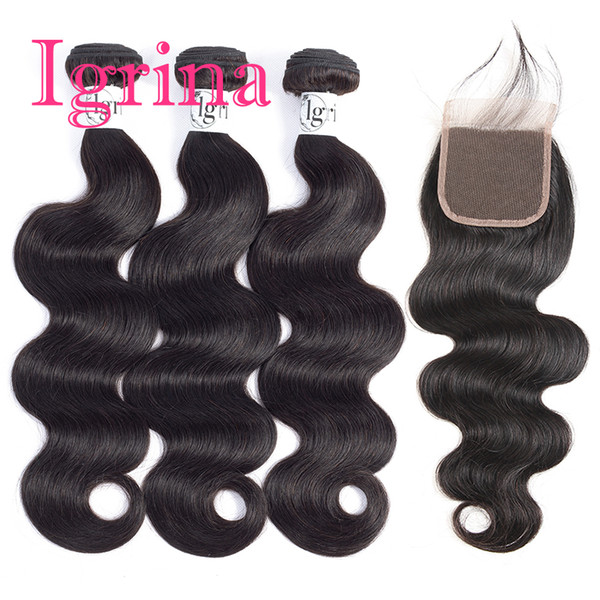 Igrina Mink Brazilian Body Wave Virgin Hair 3 Bundles With 4x4 Lace Closure Good Cheap Weave Remy Wet And Wavy Human Hair Extensions