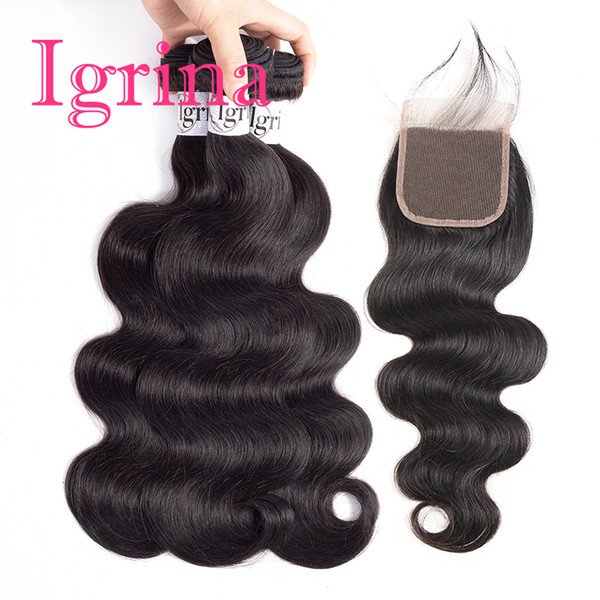 Igrina Raw Indian Body Wave Virgin Hair 3 Bundles With 4x4 Top Lace Closure 100% Unprocessed Good Cheap Weave Remy Human Hair Extensions