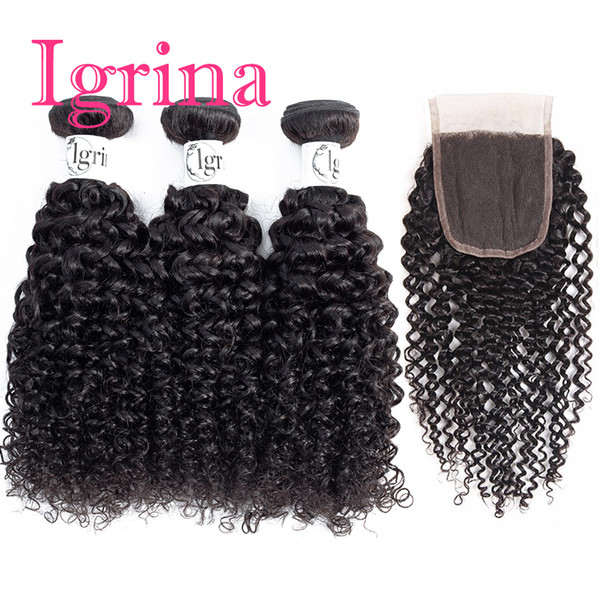 Igrina Brazilian Curly Virgin Hair 3 Bundles With 4x4 Lace Closure Unprocessed Weave Remy Wet And Wavy Human Hair Extensions