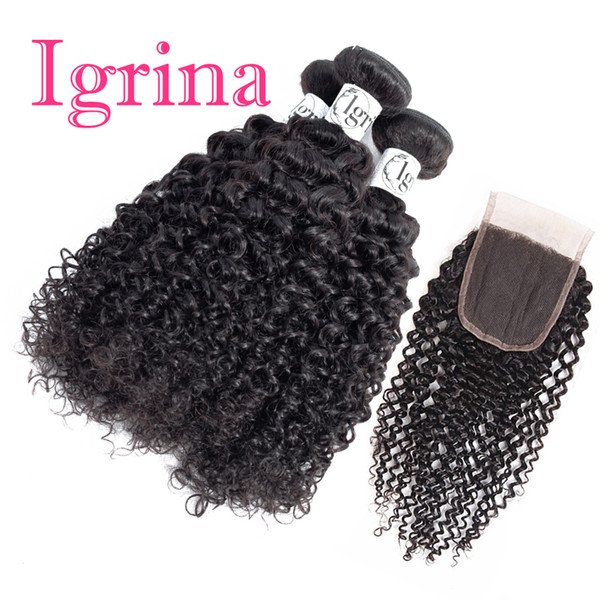 Igrina Peruvian Curly Virgin Hair 3 Bundles With 4x4 Lace Closure Unprocessed Good Cheap Weave Remy Wet And Wavy Human Hair Extensions