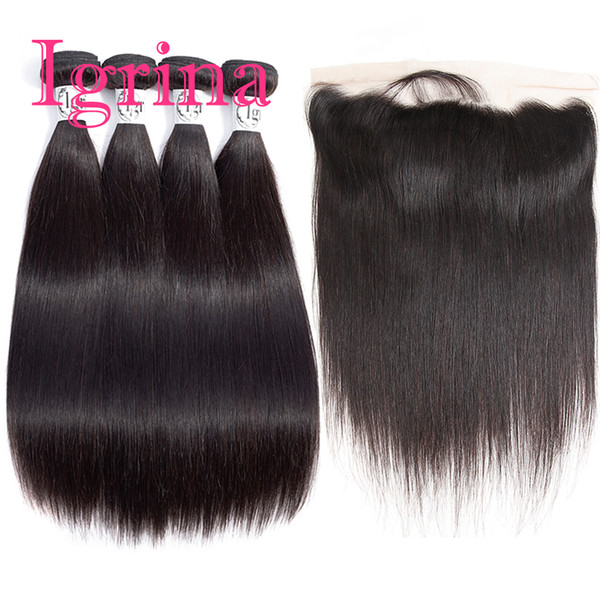 Igrina Raw Indian Virgin Hair Straight 4 Bundles With 13x4 Lace Frontal Closure With Baby Hair Weave Human Hair Bundles With Frontal Closure