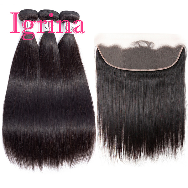 Igrina Raw Indian Virgin Hair Straight 3 Bundles With 13x4 Lace Frontal Closure Tight Weave Human Hair Bundles With Closure With Baby Hair