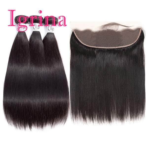 Igrina Malaysian Virgin Hair Straight 3 Bundles With 13x4 Lace Frontal Closure Weave Human Hair Bundles With Closure Baby Hair Free Part