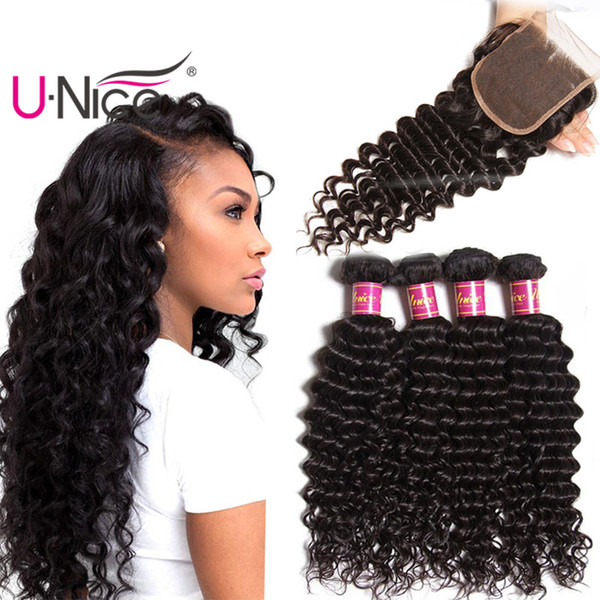 UNice Hair Virgin Brazilian Deep Wave Bundles With Closure Free Part Human Hair Extensions Deep Curl Weaves Bundles With Lace Closure Bulk