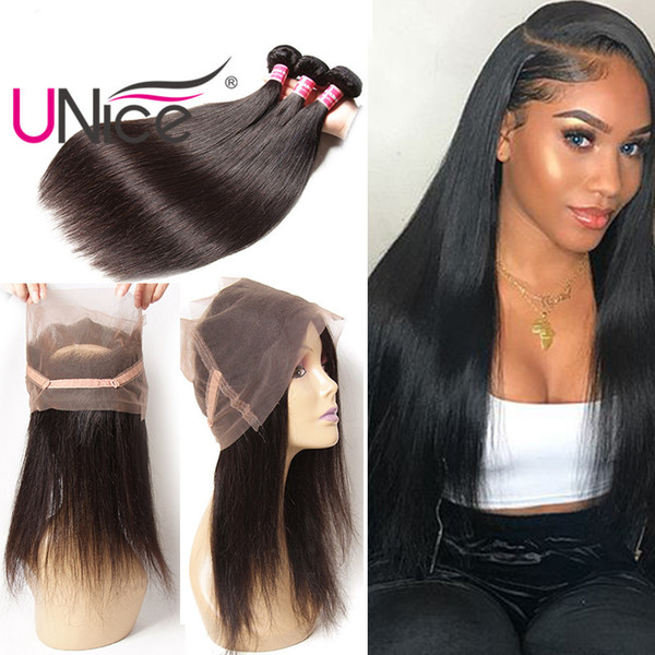 UNice Hair 360 Lace Frontal With Bundles Brazilian Indian 8A Virgin Straight Human Hair Weaves With Frontal Wholesale Straight Hair Bundle