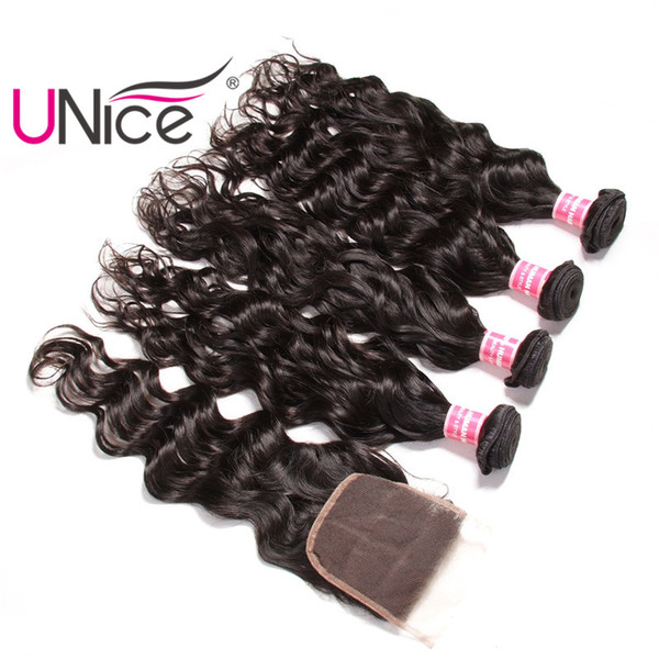 UNice Hair Virgin Brazilian Natural Wave Bundles With Lace Closure Free Part Human Hair Extensions Remy Hair Weave With Closures Unprocessed