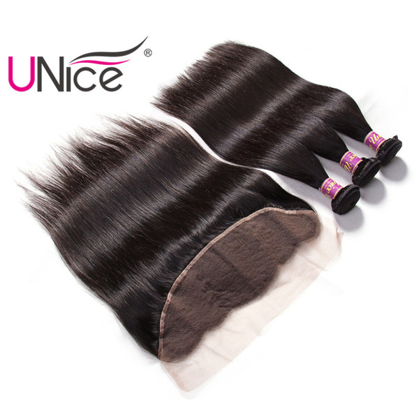 UNice Hair Brazilian Virgin Straight 3 Bundles With Frontal Ear to Ear Hair Weaves With 13x4 Lace Frontal With Bundle Human Remy Hair