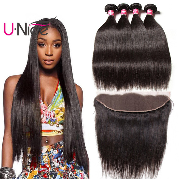 UNice Hair Raw Indian Straight Human Hair Bundles With Lace Frontal Virgin Hair Lace Frontal With Weave Bundles Wholesale Cheap Bulk Silk