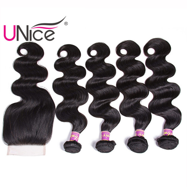 UNice Hair Malaysian Body Wave 4 Bundles With Closure Remy Human Hair Extensions Unprocessed Hair Weaves Bundle With Lace Closure Wholesale