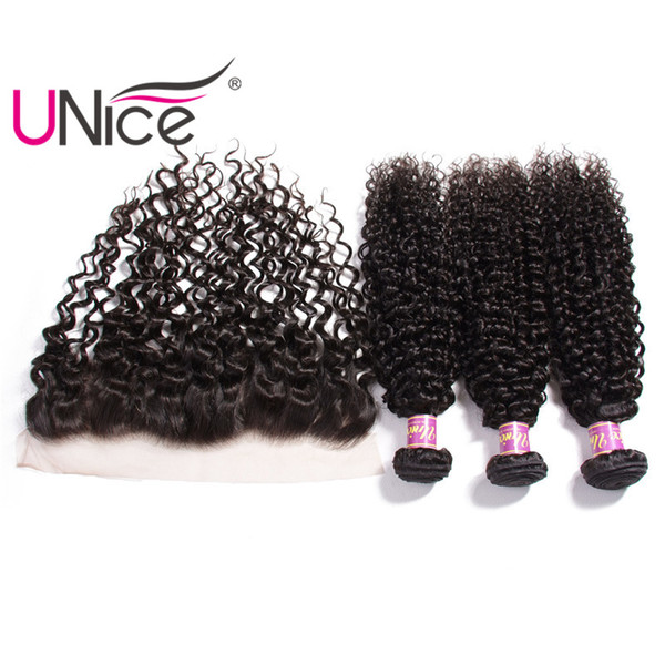 UNice Hair Indian Curly Wave Bundles With Frontal Ear to Ear Lace Frontal Hair Weaves With Curl Lace Closure Cheap Wholesale Unprocessed